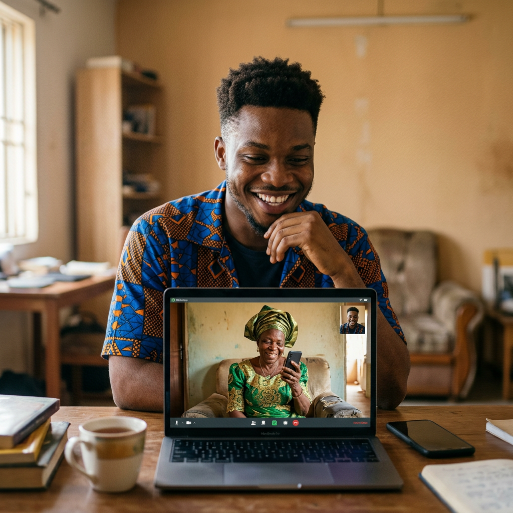 Young man video calling elderly woman in traditional clothing on laptop screen