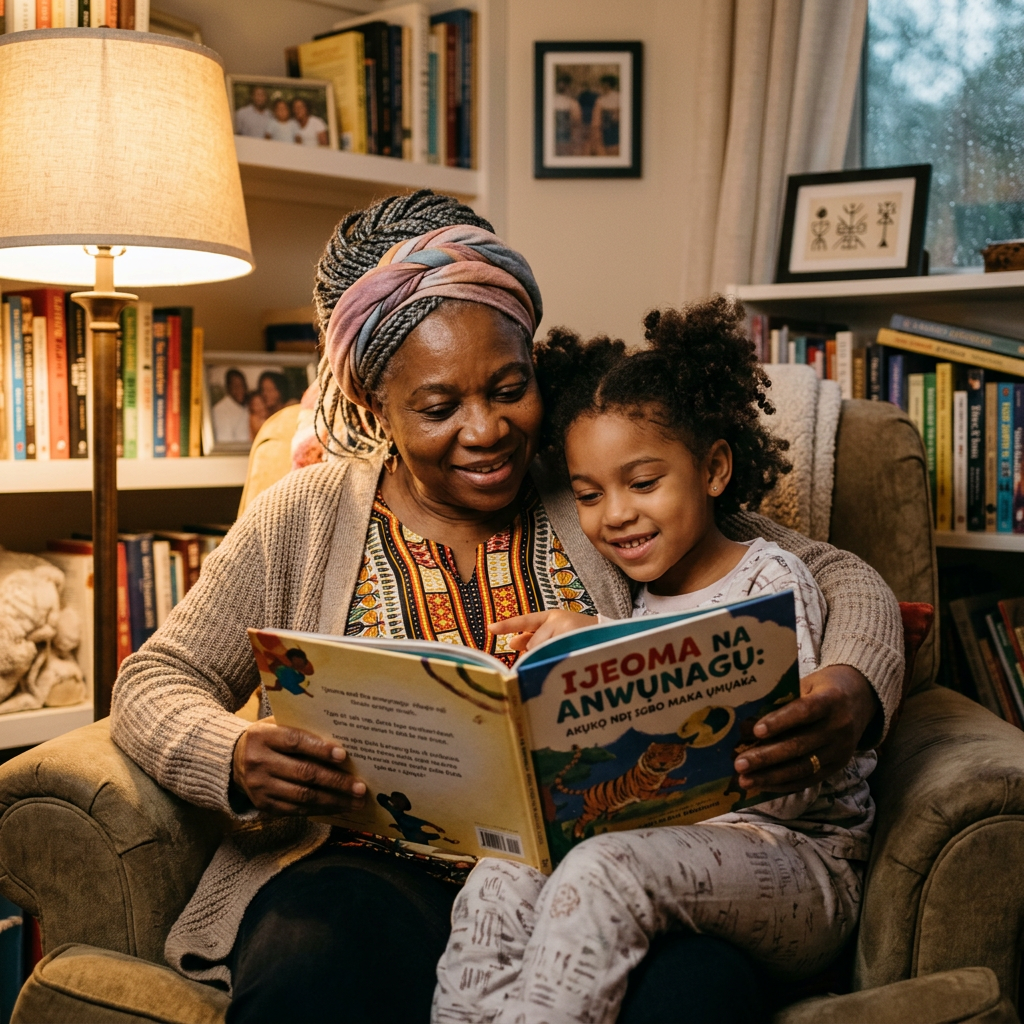 Grandmother and granddaughter reading a book titled 'Ijeoma Na Anwunagu' together in a living room