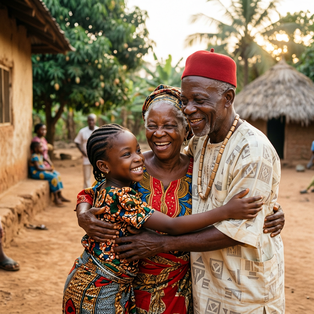 Elderly couple and young girl in colorful traditional clothing hugging and smiling outdoors