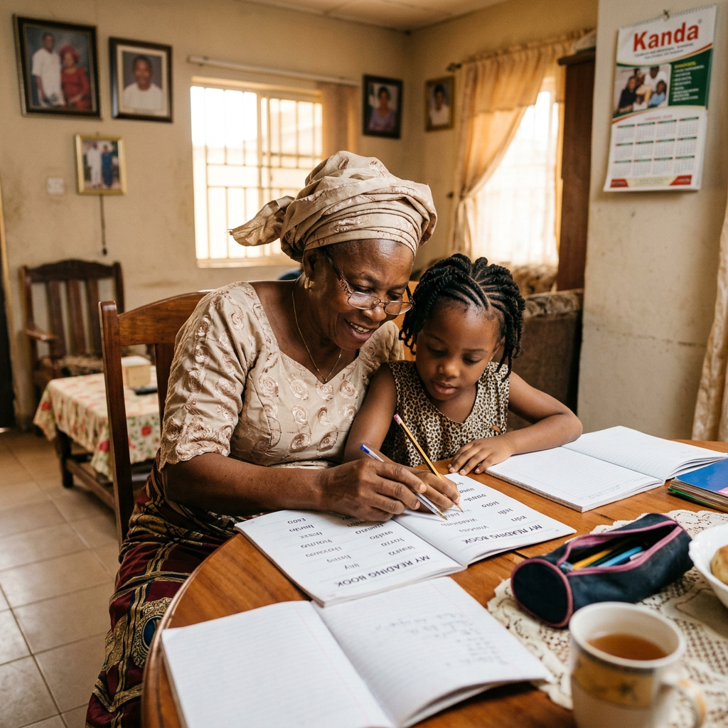 Grandmother assisting granddaughter with reading homework at a table