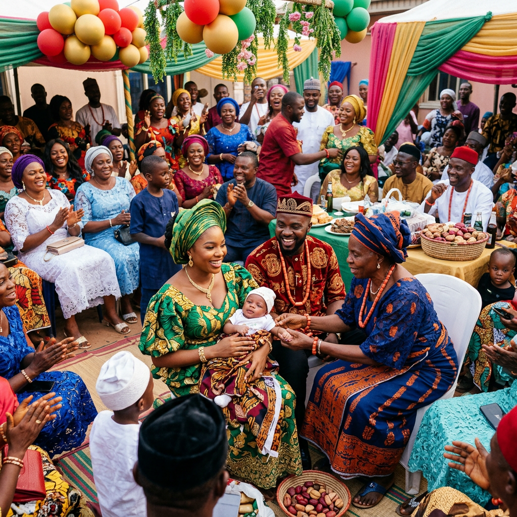 Nigerian family celebrating in traditional clothing with baby and colorful decorations