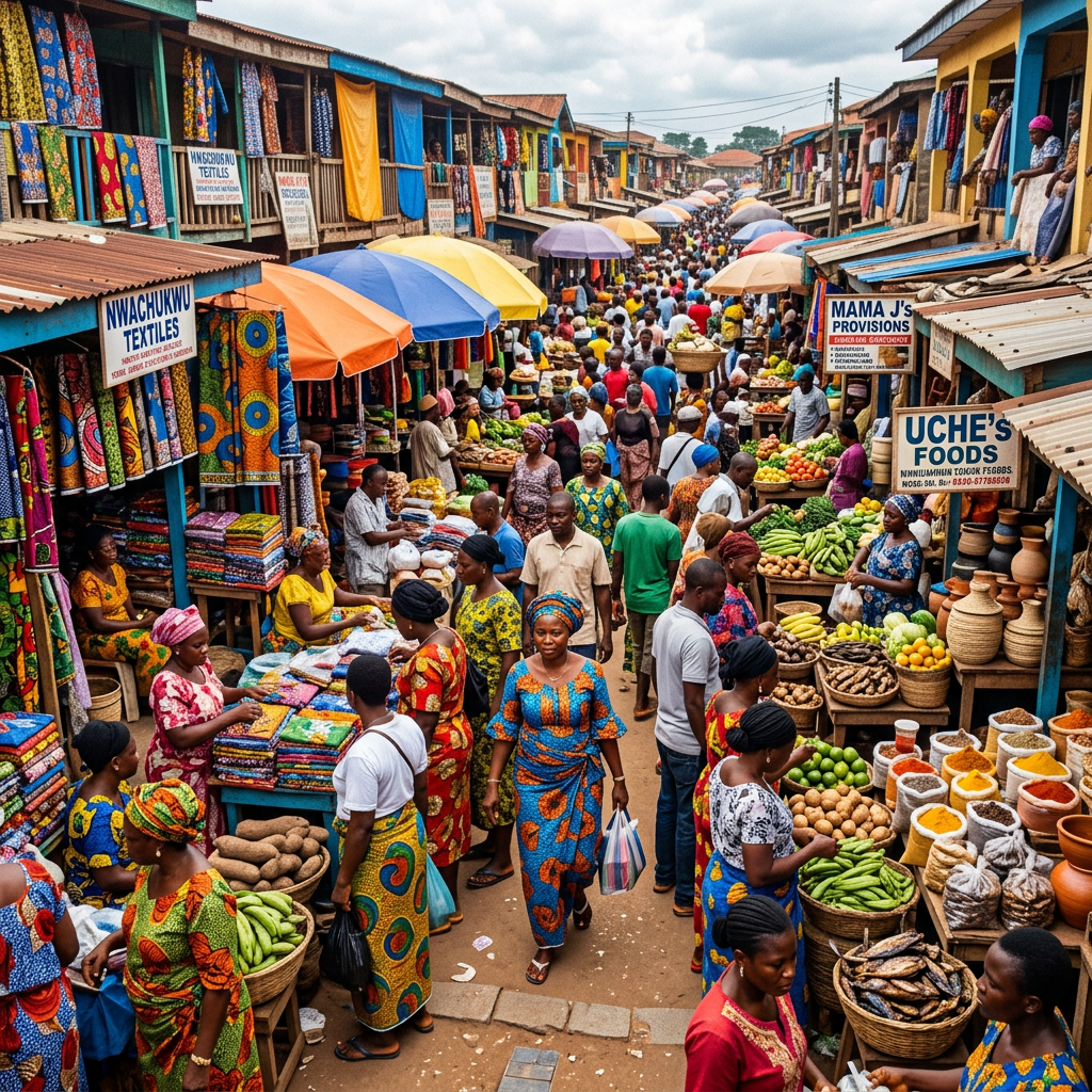 Busy African market street with vendors selling textiles, vegetables, spices, and pottery