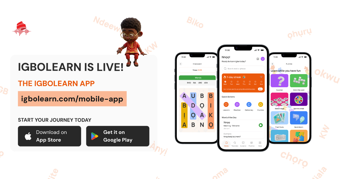learn Igbo language app IgboLearn mobile interface with AI practice and daily lessons