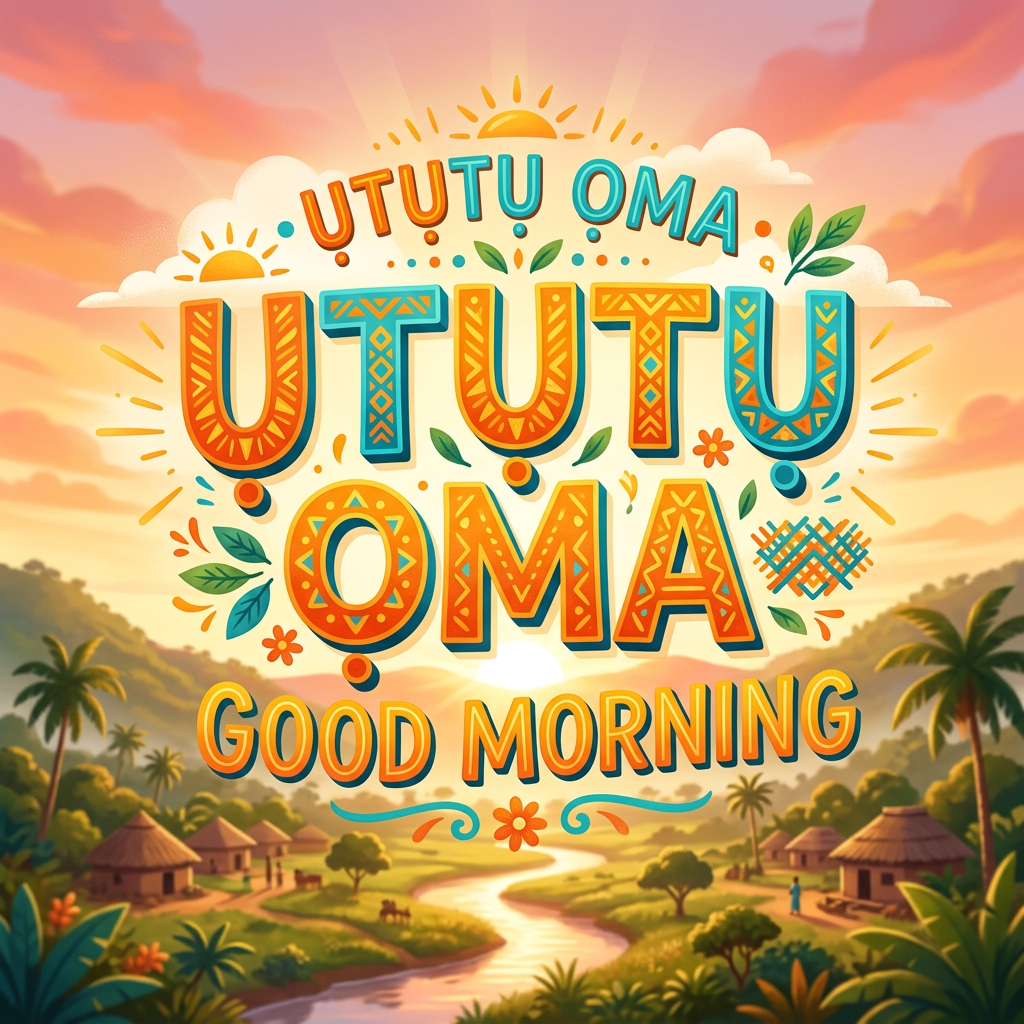 Text saying 'Ututu Oma Good Morning' with decorative leaves and sun symbols over a tropical village at sunrise.