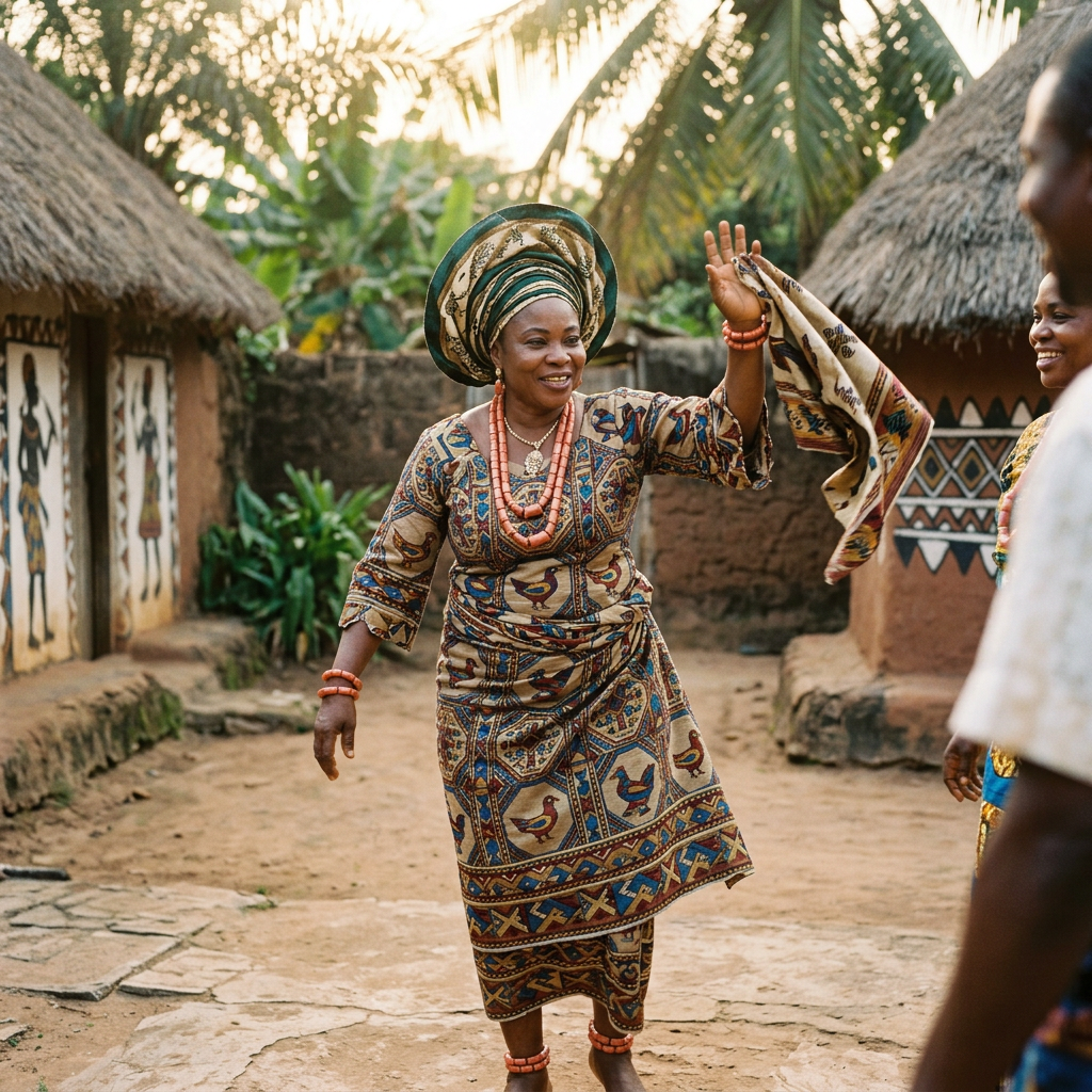 Woman in vibrant traditional African clothing dancing outdoors with others