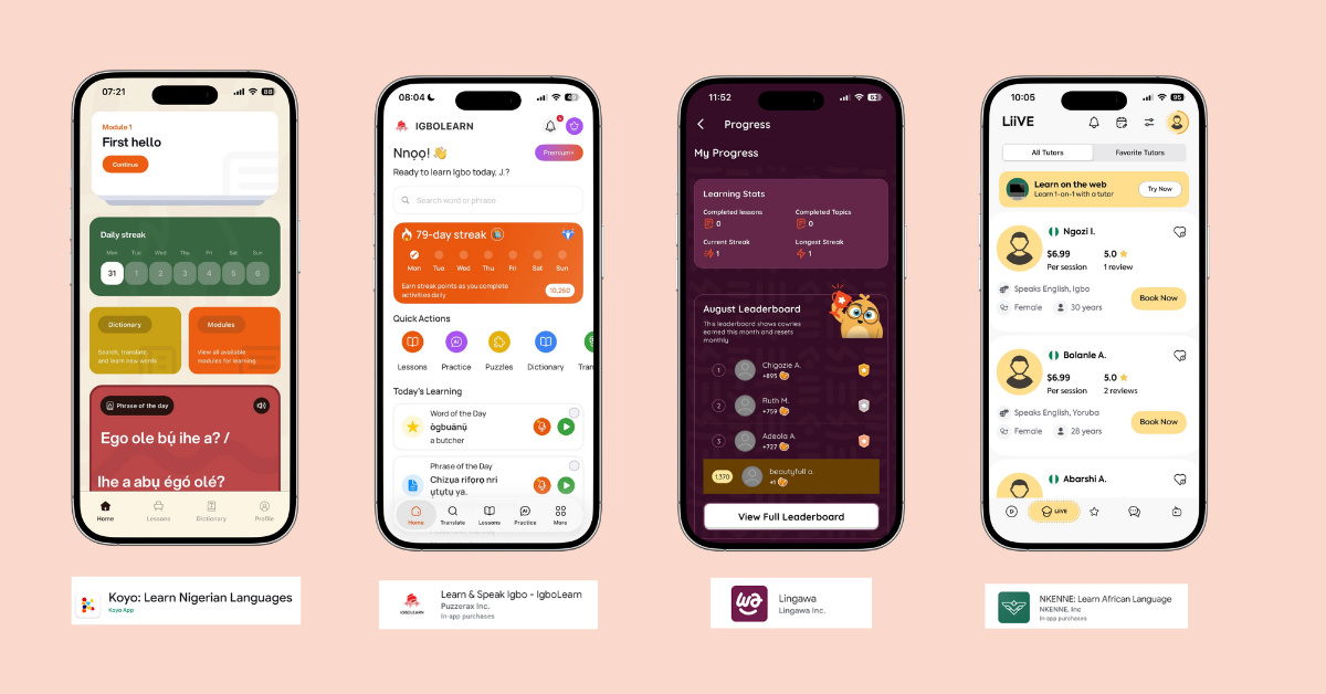 IgboLearn, KOYO, Lingawa and NKENNE apps compared for learning Igbo