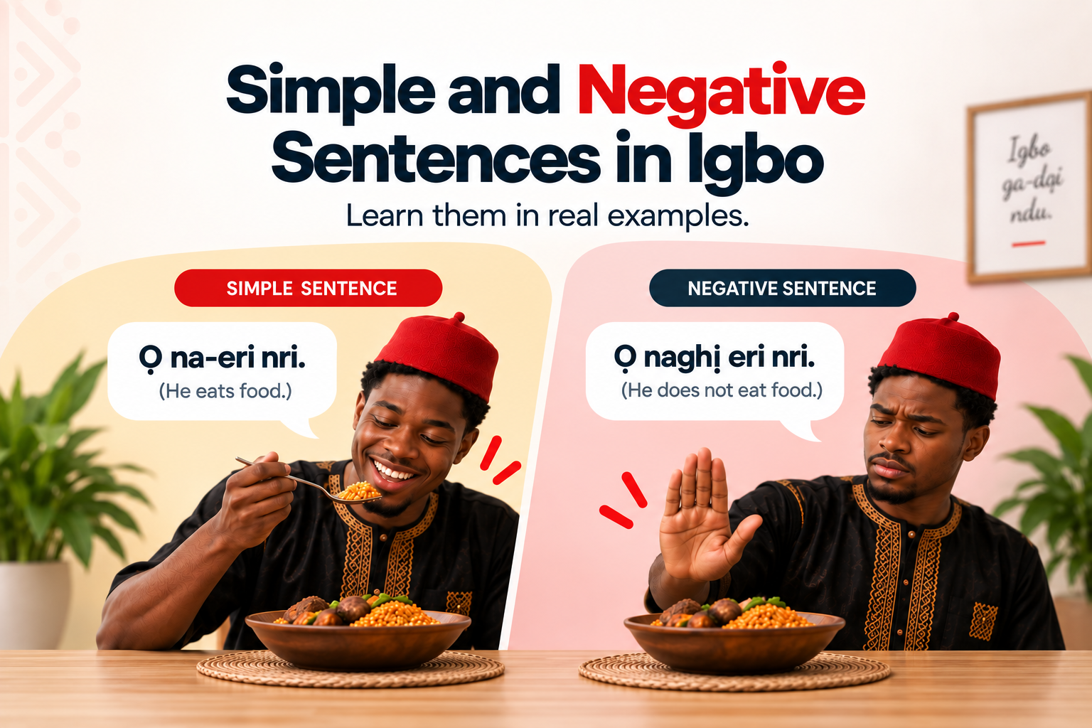 Simple and negative sentences in Igbo with positive and negative examples